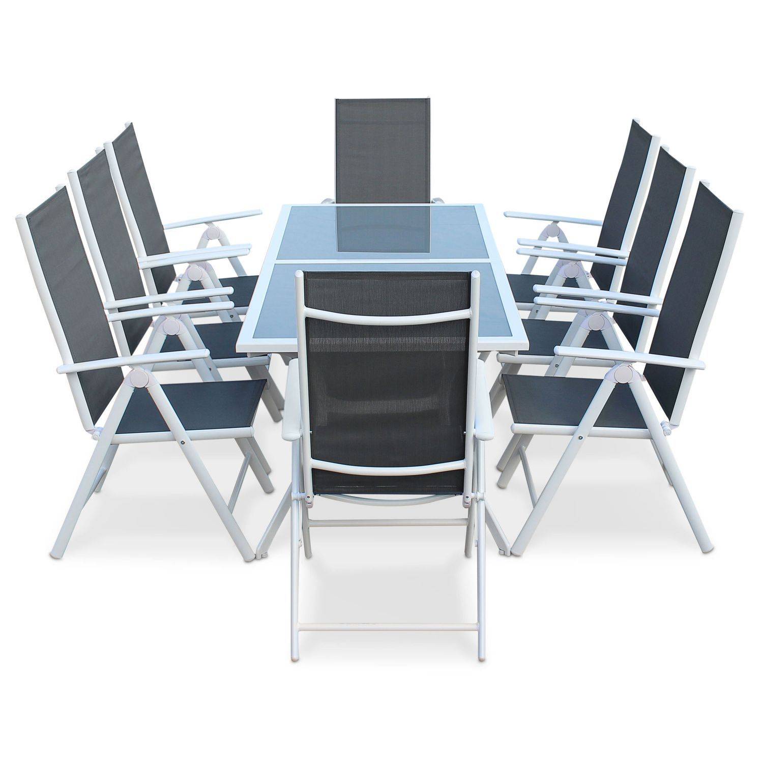 Naevia set 1 tafel en 8 stoelen in aluminium en textileen Photo2