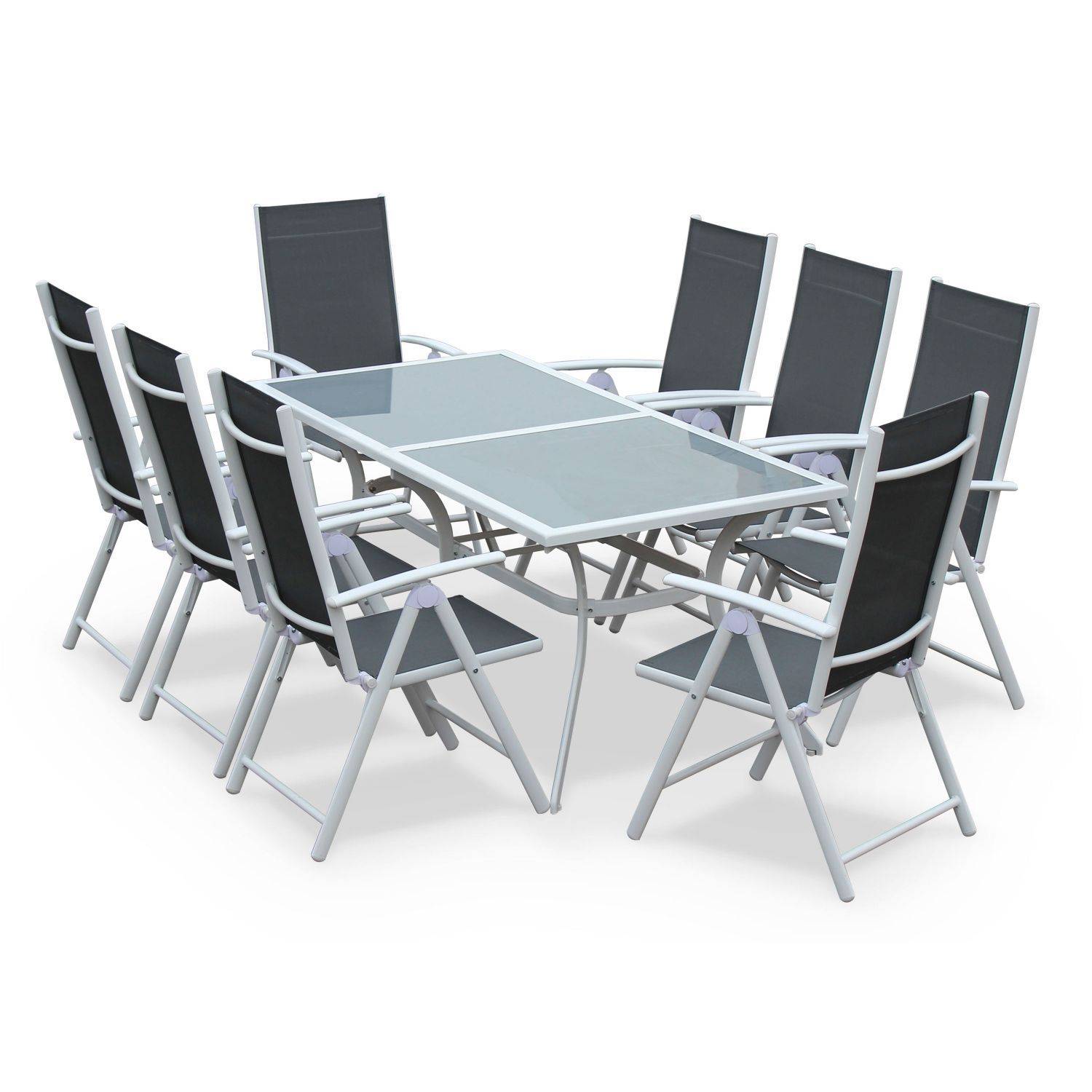 Gartengarnitur aus Aluminium und Textilene - Naevia - Grau, Weiß - 8 Sitze - 1 großer rechteckiger Tisch, 8 Klappstühle Photo1