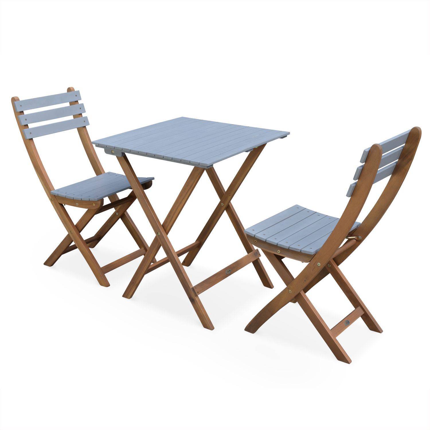 Conjunto de jardim de madeira Bistro 60x60cm - Barcelona - cinza claro, mesa dobrável bicolor quadrada com 2 cadeiras dobráveis, acácia Photo1