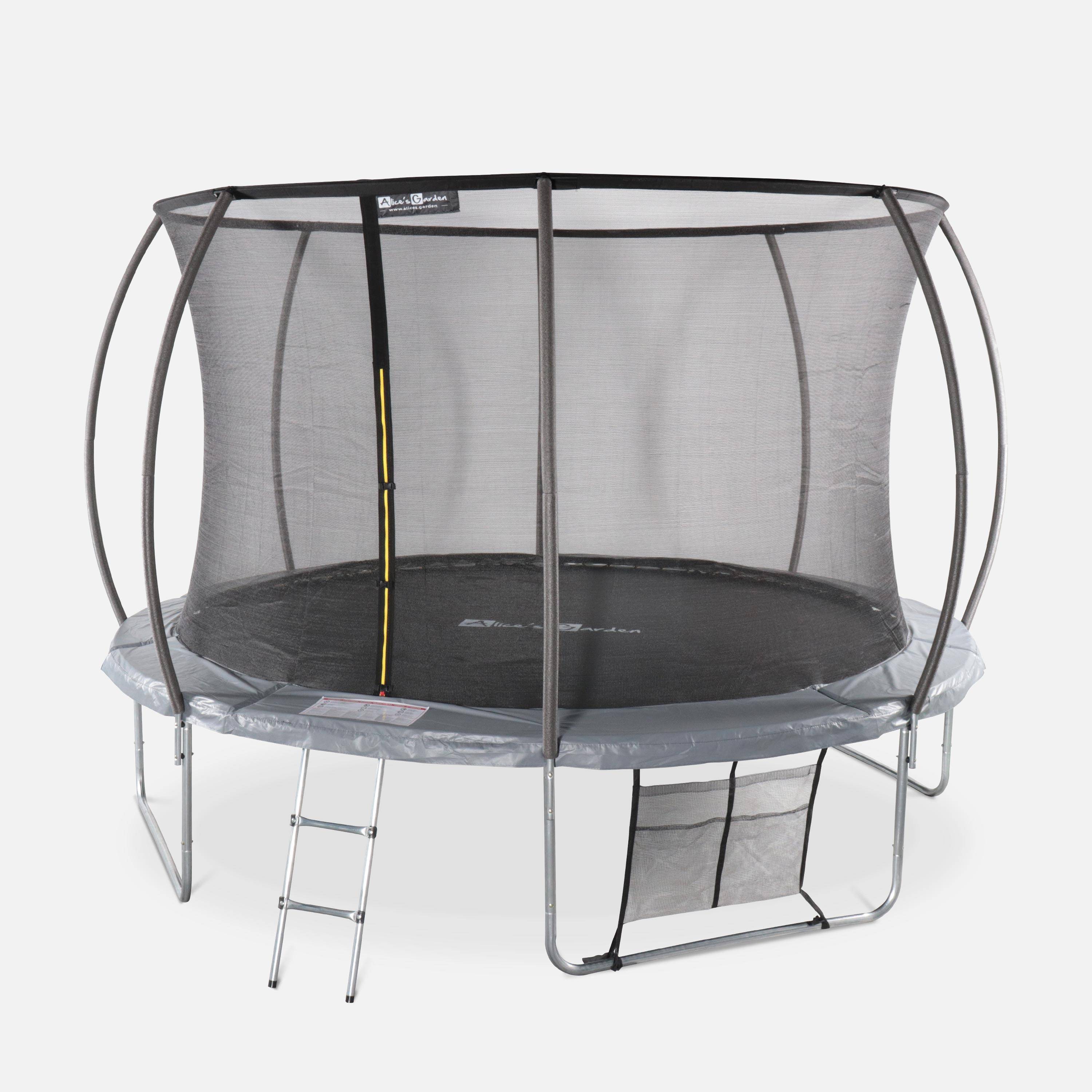 Trampoline rond Ø 370cm gris - Saturne Inner XXL – trampoline de jardin avec filet de protection intérieur, échelle, bâche, filet pour chaussures et kit d'ancrage Photo2