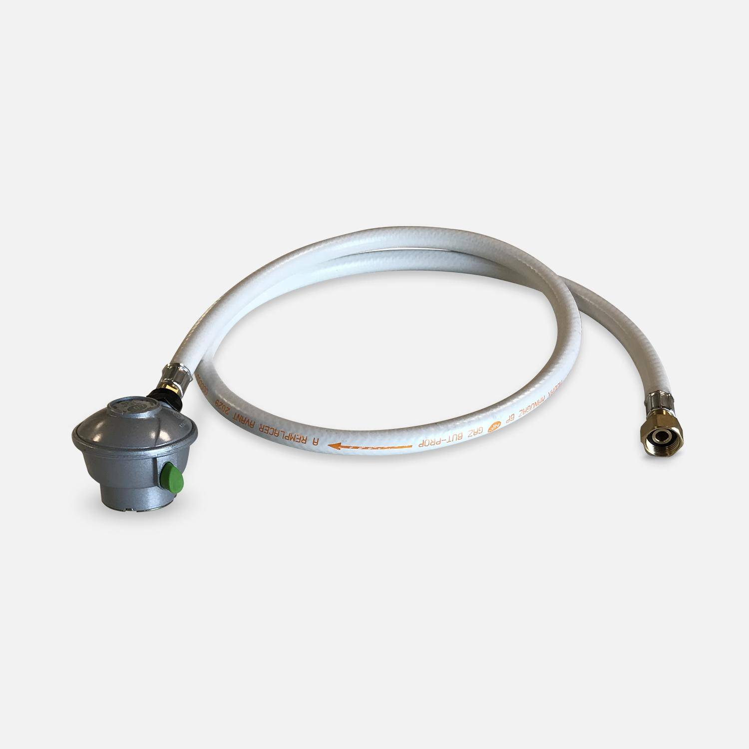 Kit Tuyau flexible de gaz 1.5 m à embouts mécaniques + Détendeur Quick-on Ø27mm - Propane 37mbar 1.5kg/h, raccord rapide – Normes NF Photo1