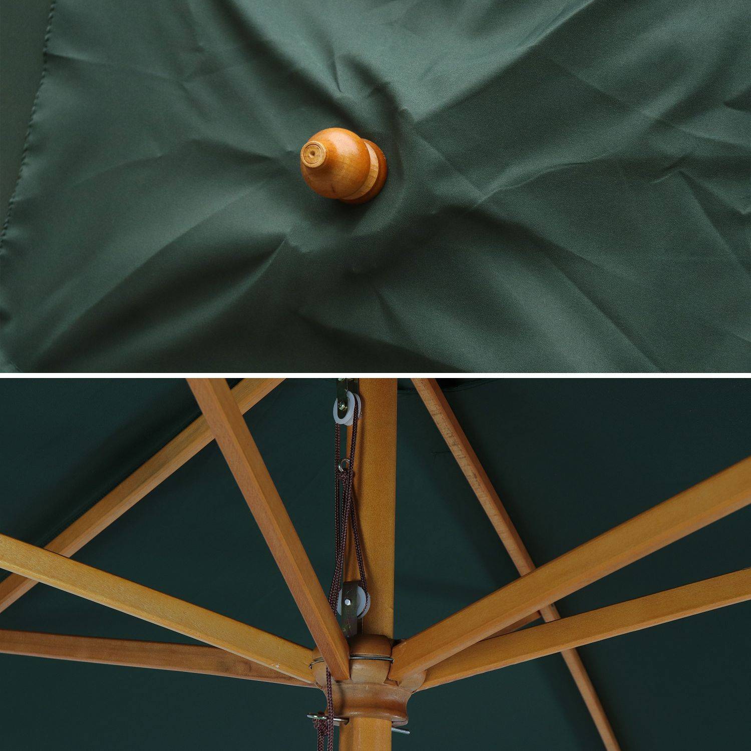 Ombrellone dritto, forma: rotonda, in legno, 3m - modello: Cabourg, colore: Verde bottiglia - palo centrale in legno, Ø300cm, sistema di apertura manuale, puleggia Photo5