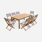 Salon de jardin en bois extensible - Almeria - Grande table 180/240cm avec rallonge, 8 chaises, en bois d'Eucalyptus FSC huilé et textilène gris taupe Photo2