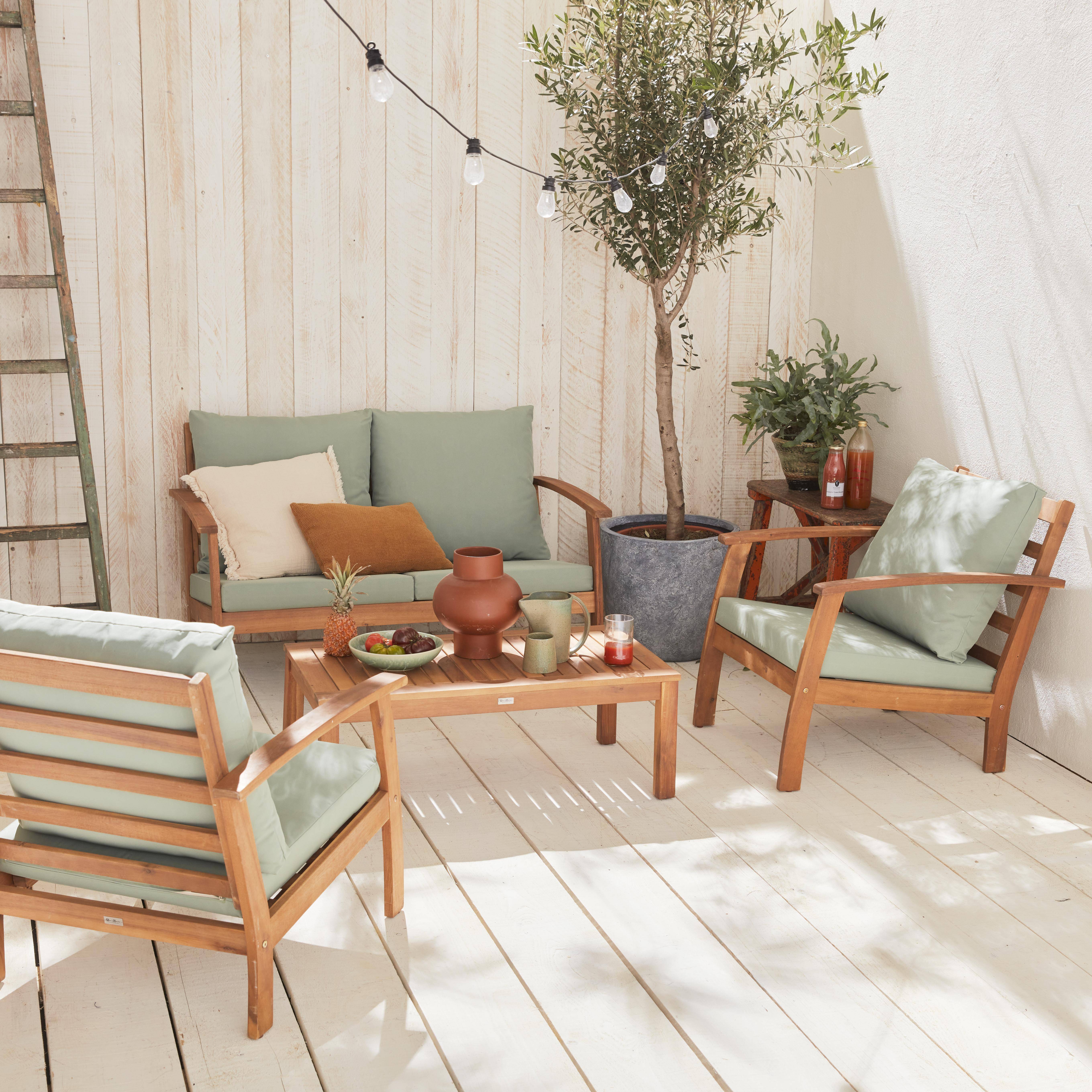 Gartengarnitur aus Holz 4 Sitze - Ushuaïa - grüngraue Kissen, Sofa, Sessel und Couchtisch aus Akazie, Design Photo1