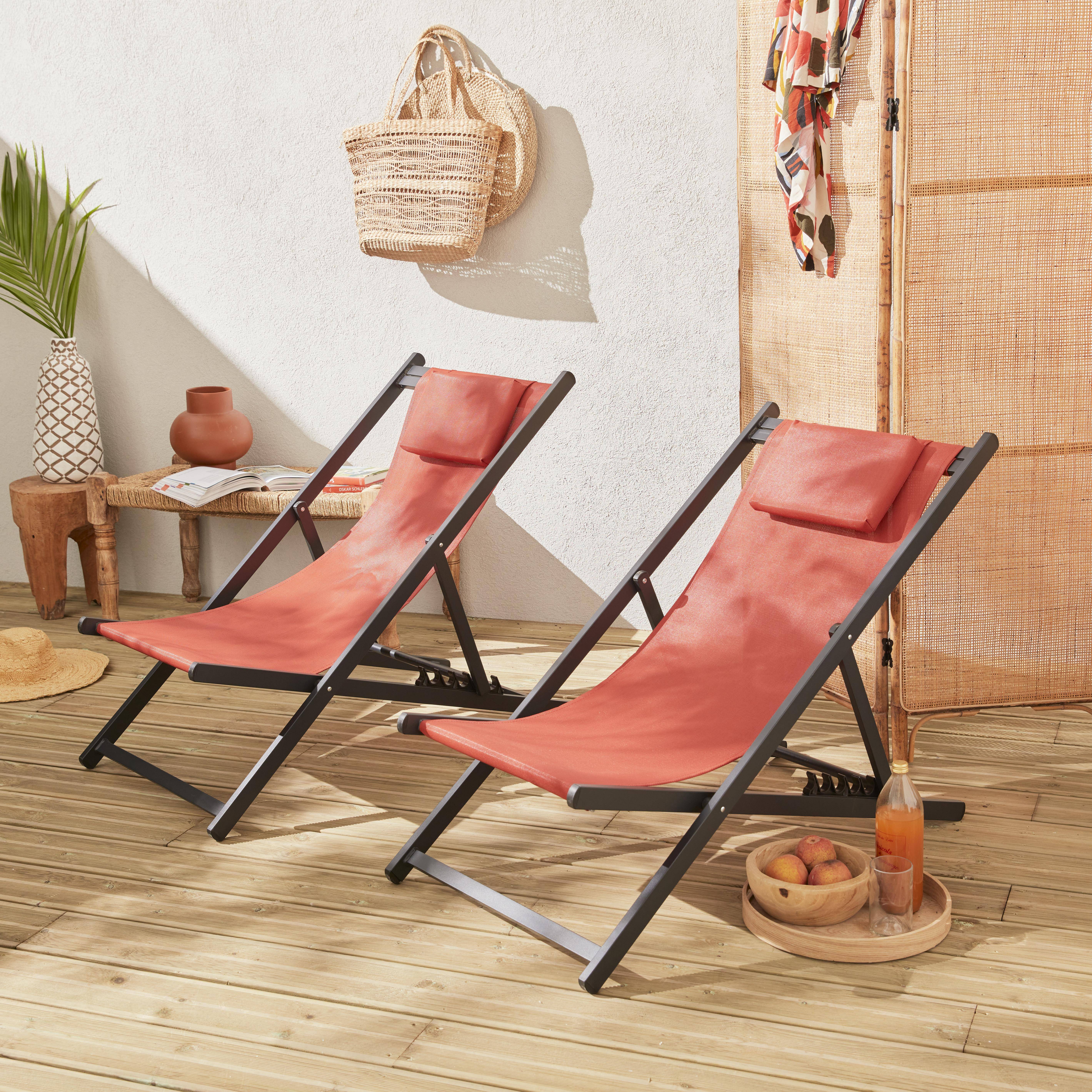 Juego de 2 sillas para tomar sol - Gaia terracota - Aluminio antracita y textileno terracota con reposacabezas. Photo1