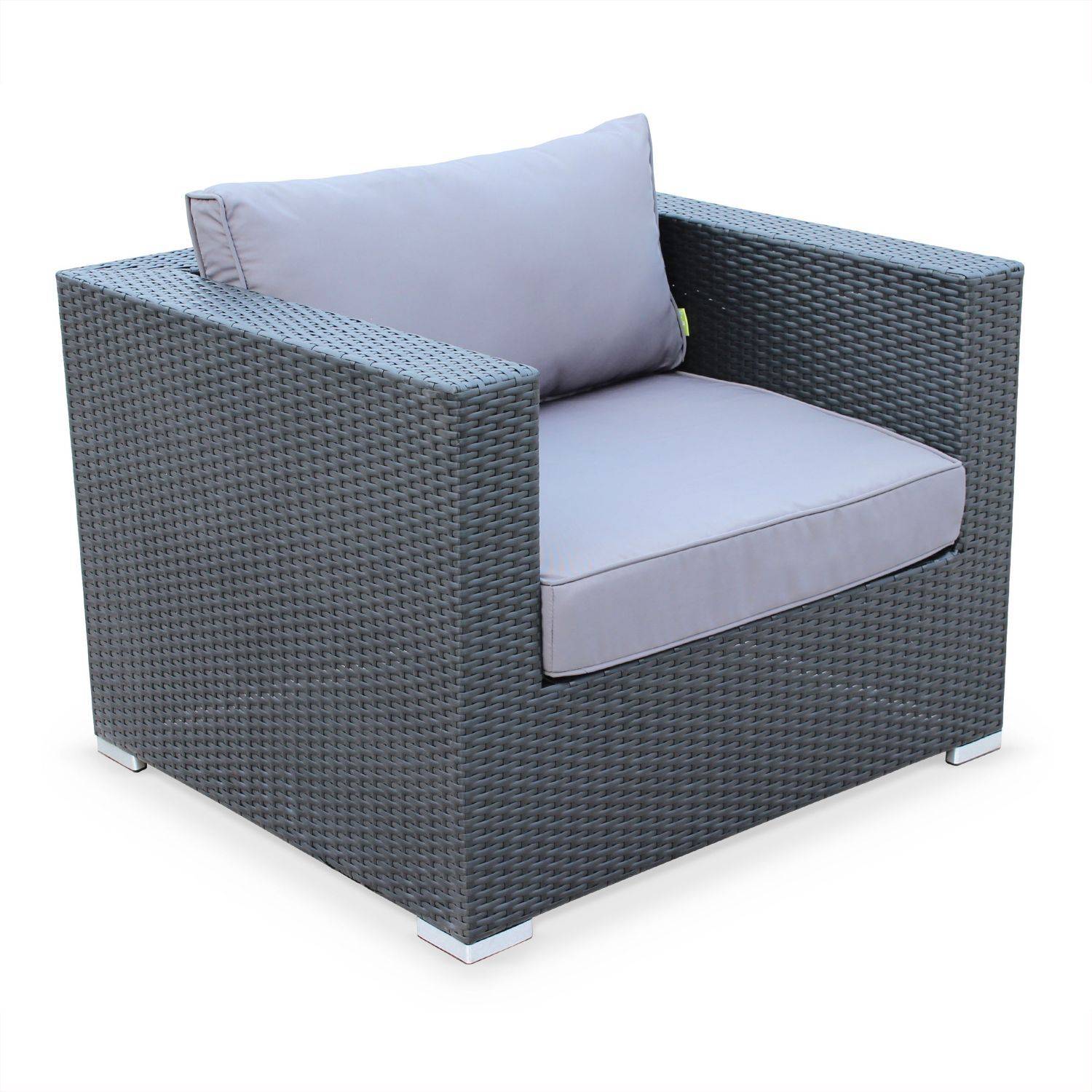 Gartenmöbel - Sessel + Hocker aus Kunststoffrattan - Schwarz, graue Kissen Photo3