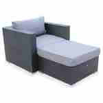 Gartenmöbel - Sessel + Hocker aus Kunststoffrattan - Schwarz, graue Kissen Photo2