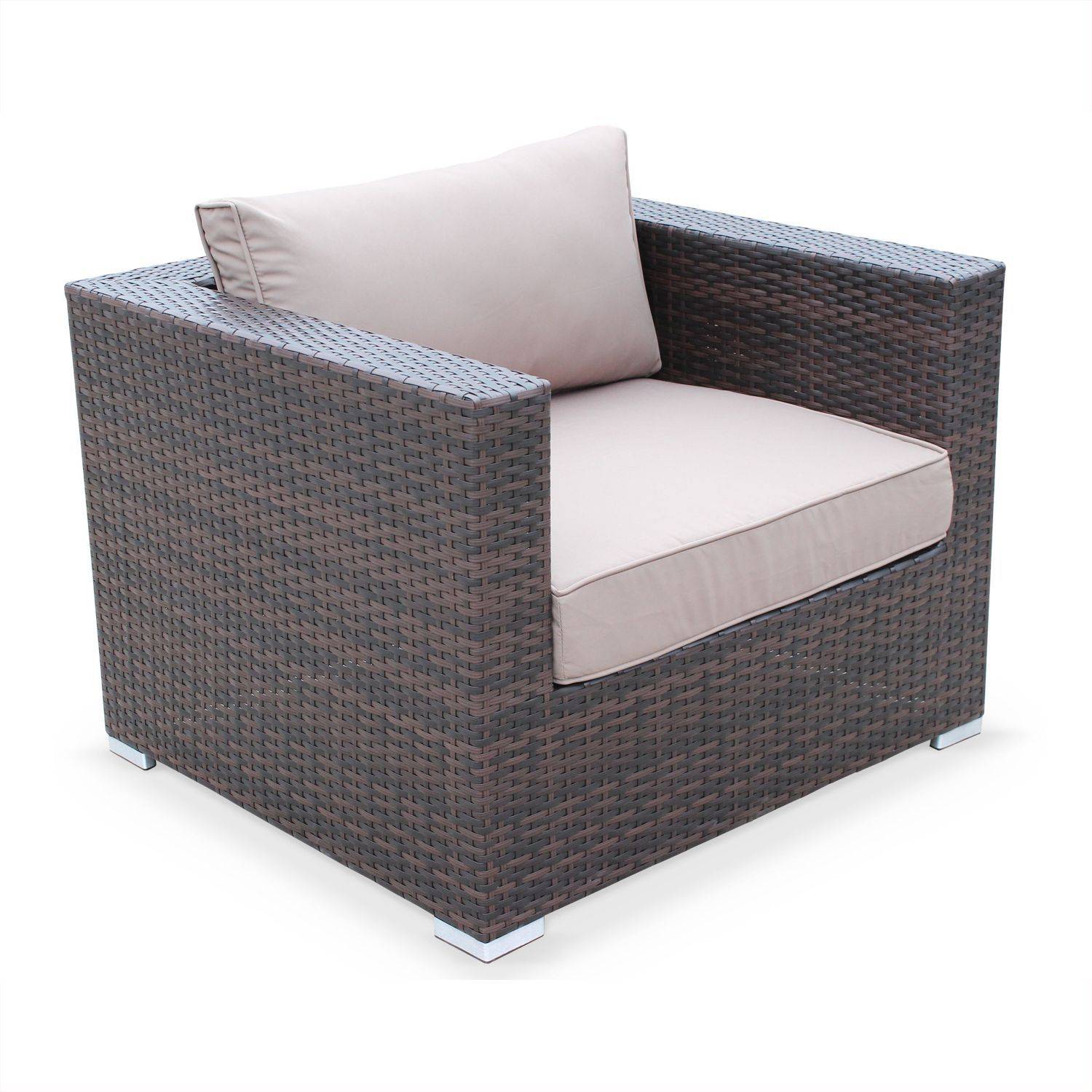 Gartengarnitur, Sessel + Hocker aus Kunststoffrattan schokoladenfarben, braune Kissen Photo3