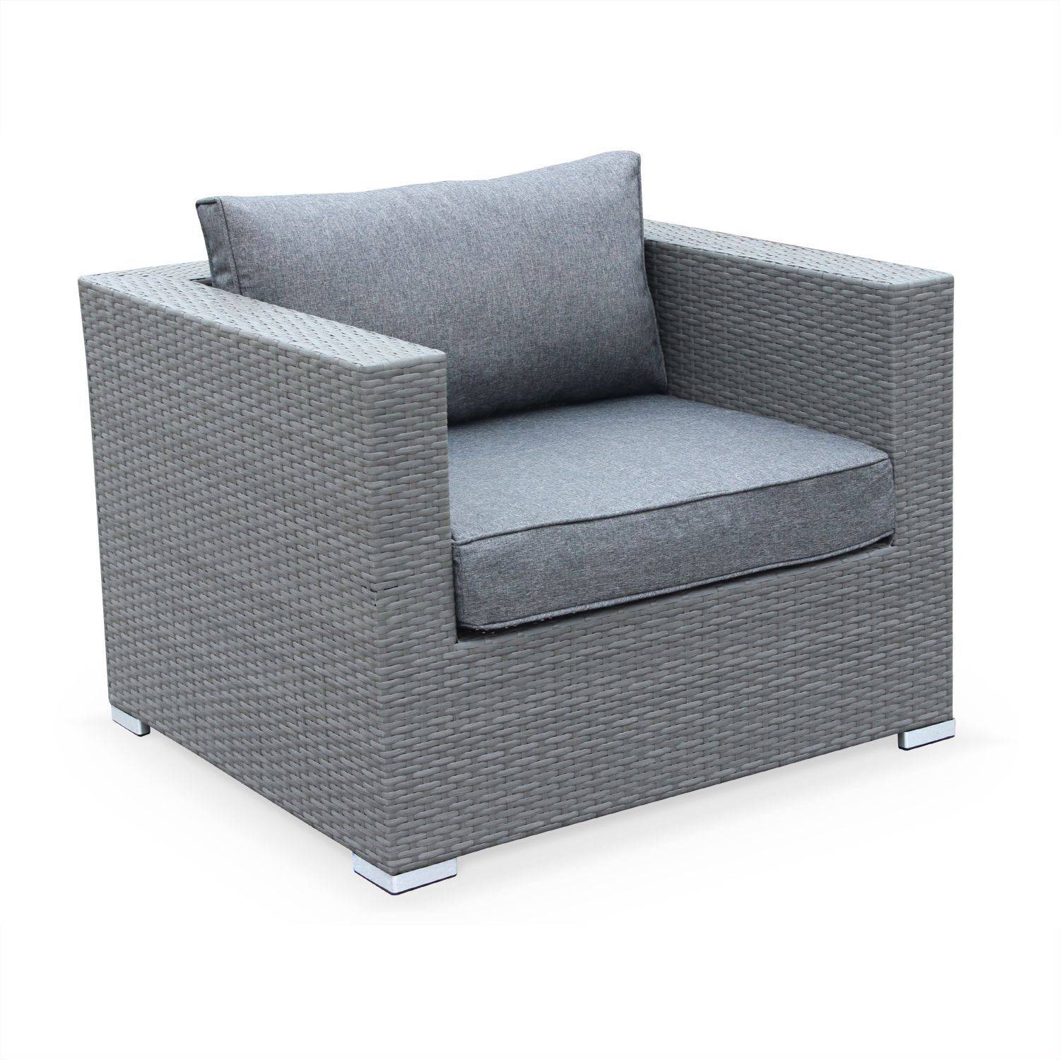 Gartengarnitur, Sessel + Hocker aus Polyrattan grau, graue Kissen Photo3