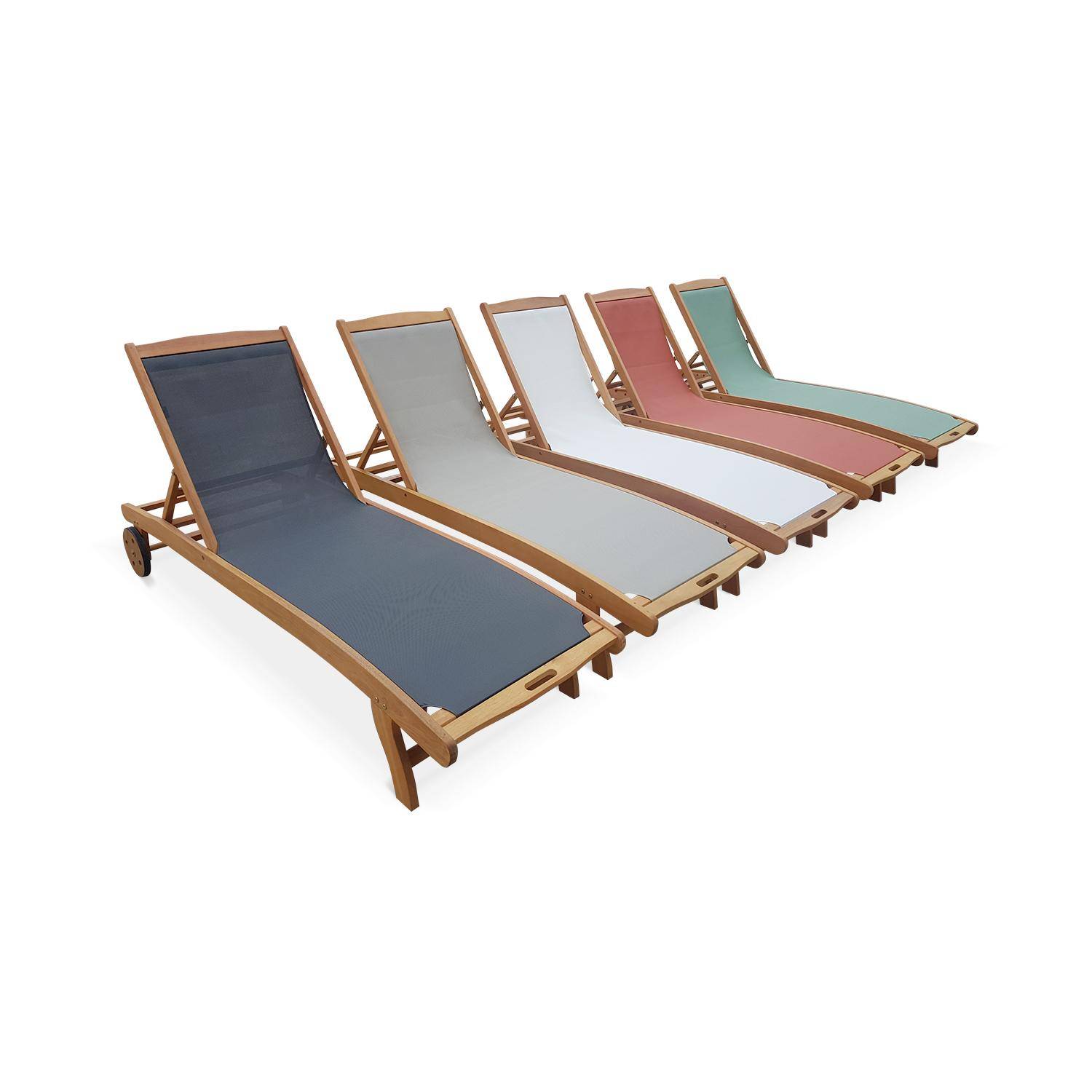 2er Set Holz Sonnenliegen - Marbella Graugrün - 2 Liegestühle aus geöltem FSC-Eukalyptusholz und Textilene in Graugrün Photo7