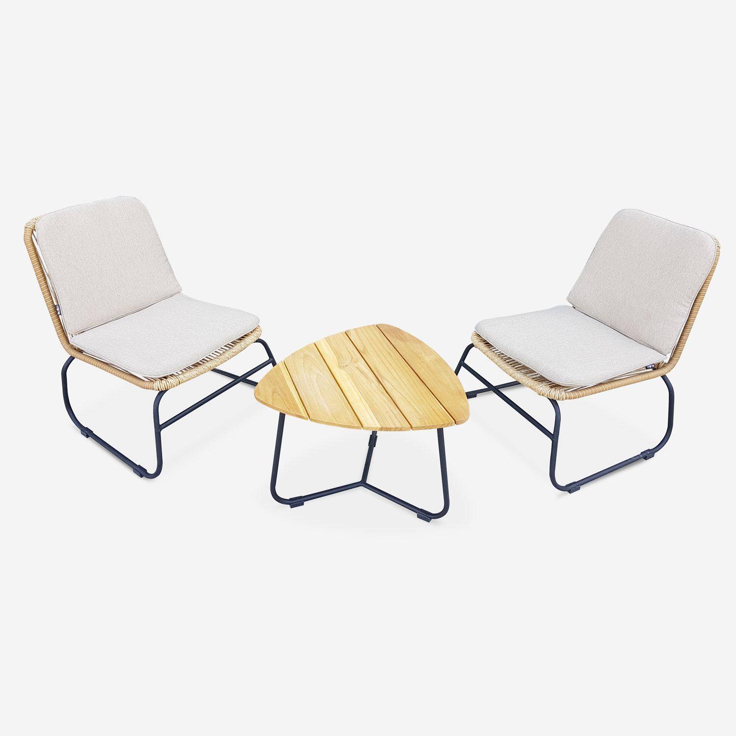 LOMBOK Gartengarnitur 2 Sitze - Set mit 2 Sesseln mit Beistelltisch, Rattan-Effekt aus Kunststoffrattan und beigefarbenen Kissen Photo2