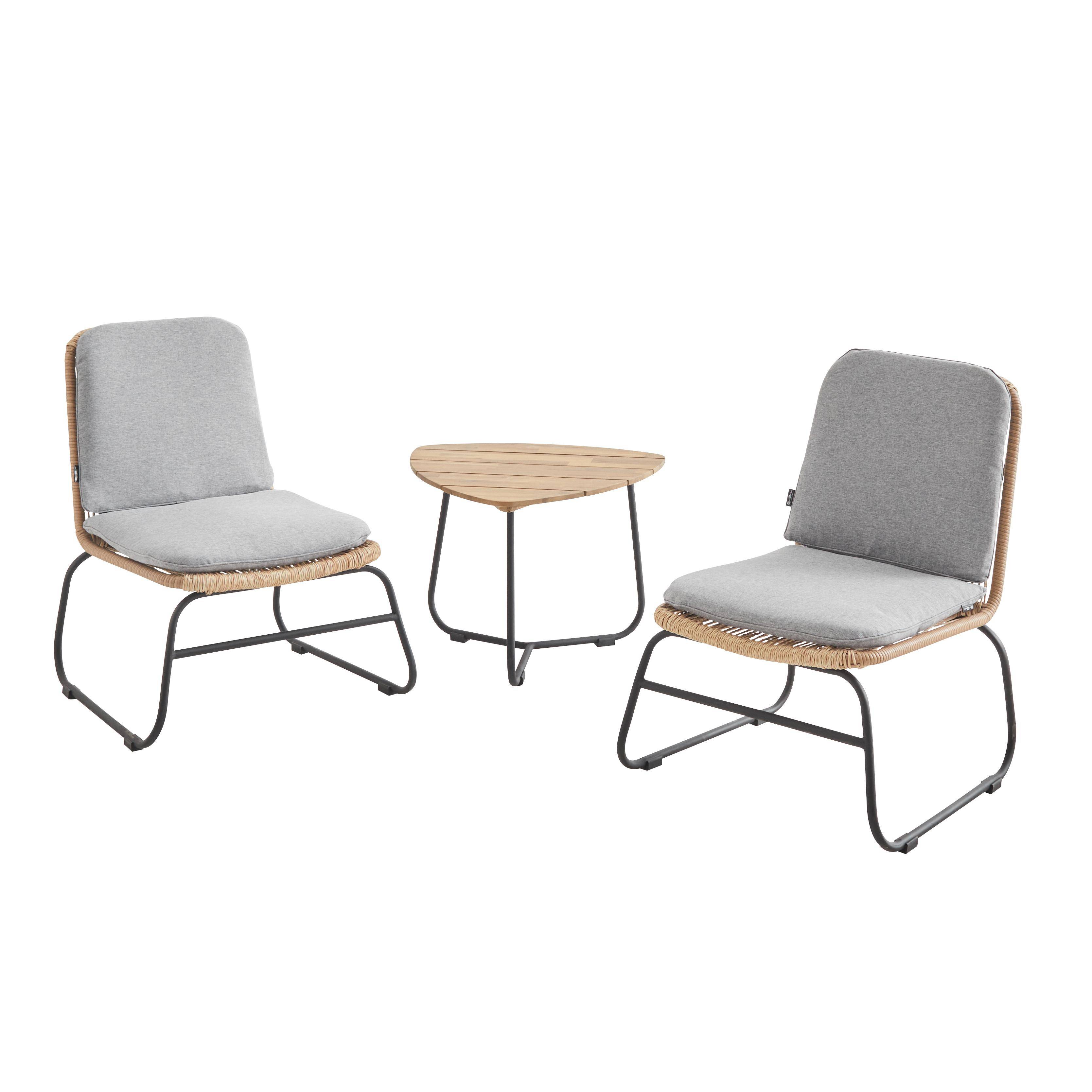 Salón de jardín 2 plazas LOMBOK – Lote de 2 sillas con mesa auxiliar, resina trenzada efecto ratán, cojines gris claro jaspeado Photo2