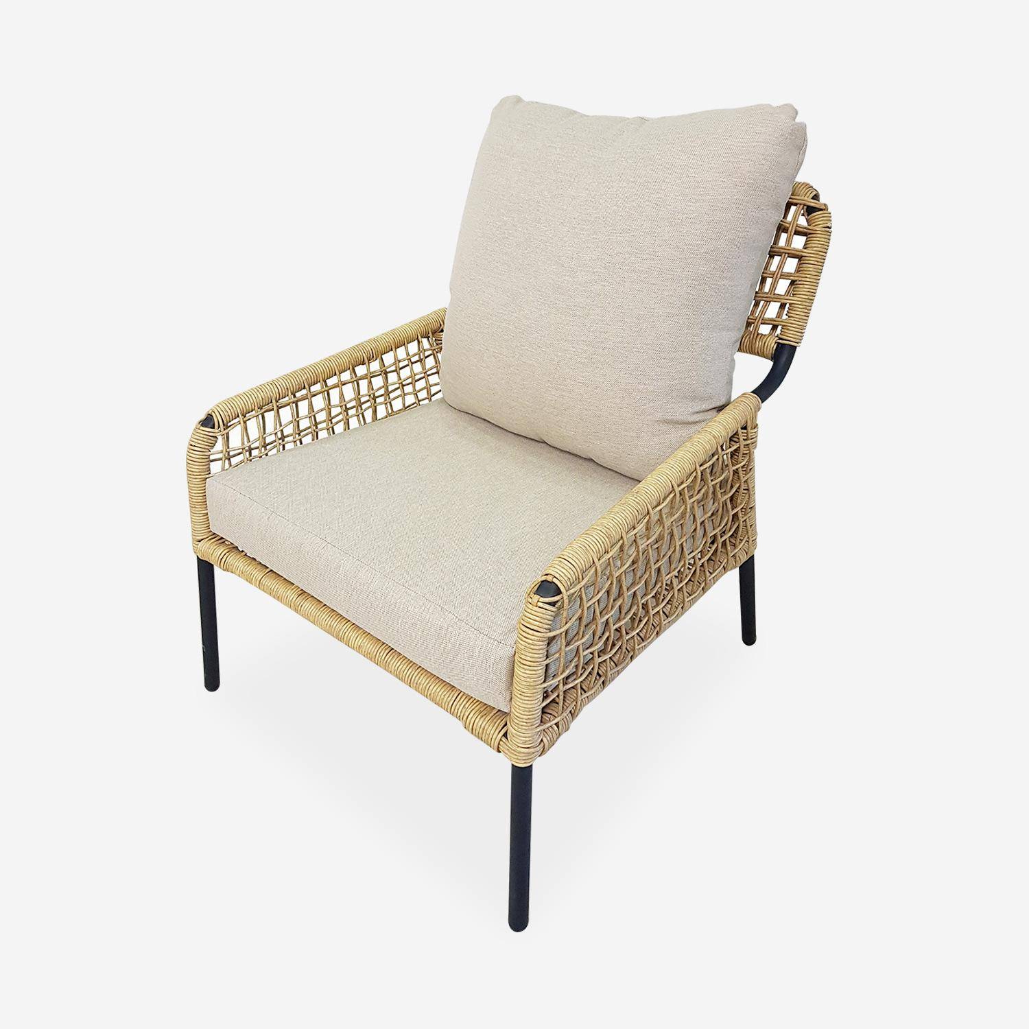 Lage loungeset 4 plaatsen KOMODO – Set bestaande uit een 2-persoonsbank en 2 stoelen met 3 bijzettaffeltjes, wicker met rotan-effect, beige gespikkelde kussens Photo3