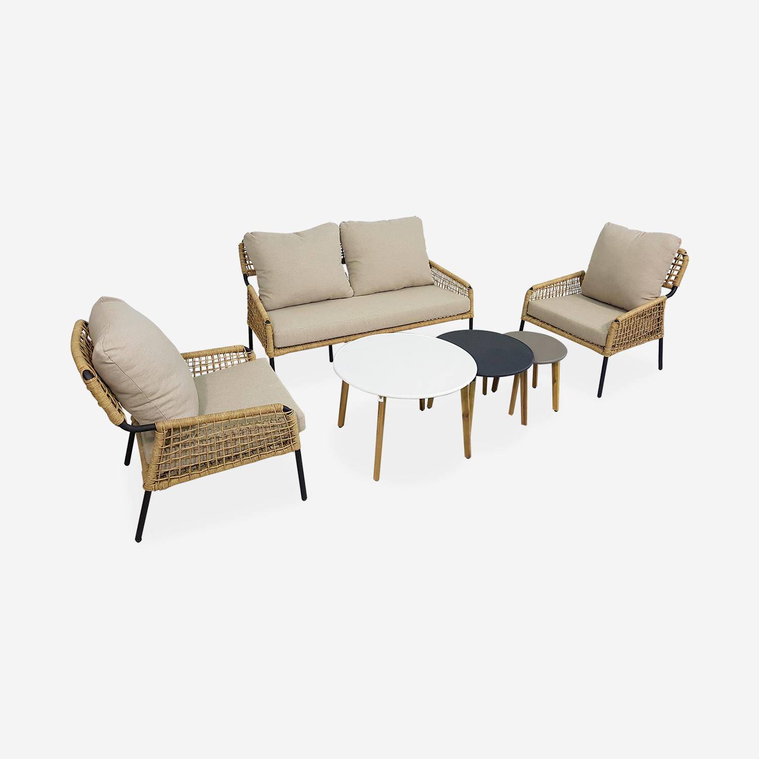 Lage loungeset 4 plaatsen KOMODO – Set bestaande uit een 2-persoonsbank en 2 stoelen met 3 bijzettaffeltjes, wicker met rotan-effect, beige gespikkelde kussens Photo1