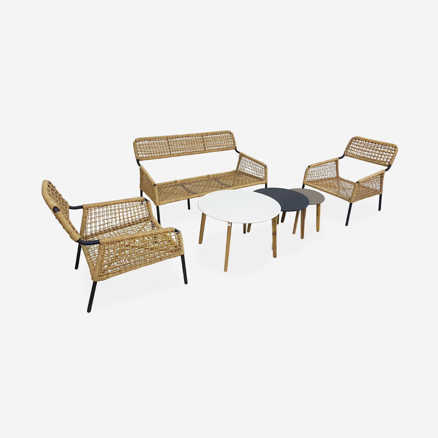 Lage loungeset 4 plaatsen KOMODO – Set bestaande uit een 2-persoonsbank en 2 stoelen met 3 bijzettaffeltjes, wicker met rotan-effect, beige gespikkelde kussens Photo6