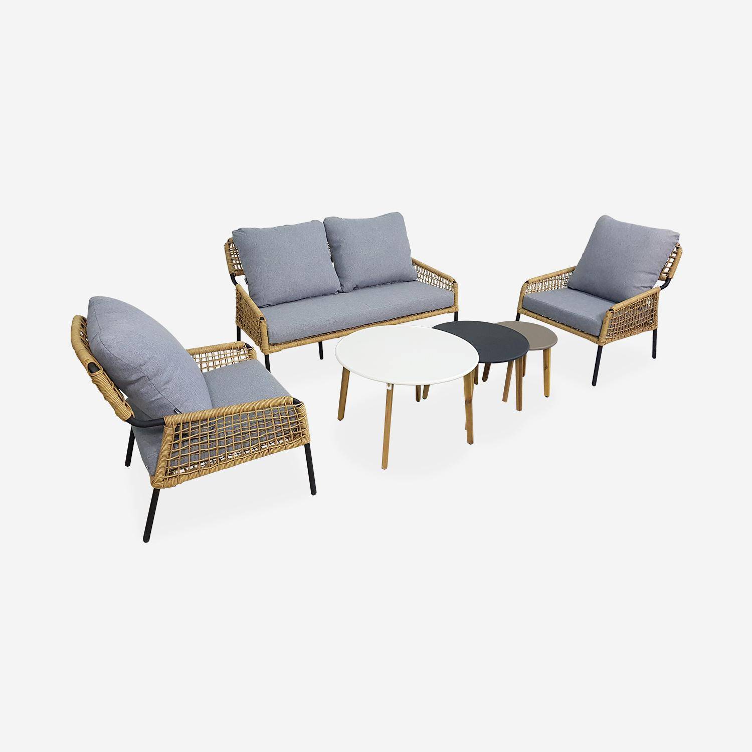 Lage loungeset 4 plaatsen KOMODO – Set bestaande uit een 2-persoonsbank en 2 stoelen met 3 bijzettaffeltjes, wicker met rotan-effect, lichtgrijs gespikkelde kussens Photo1