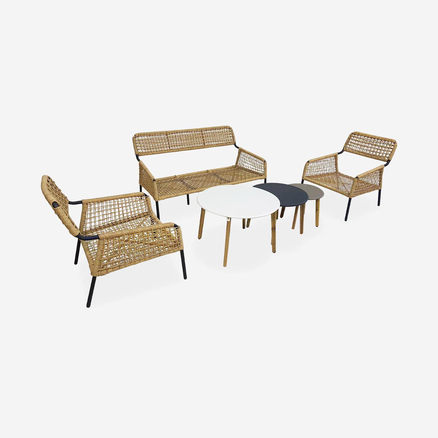 Lage loungeset 4 plaatsen KOMODO – Set bestaande uit een 2-persoonsbank en 2 stoelen met 3 bijzettaffeltjes, wicker met rotan-effect, lichtgrijs gespikkelde kussens Photo6