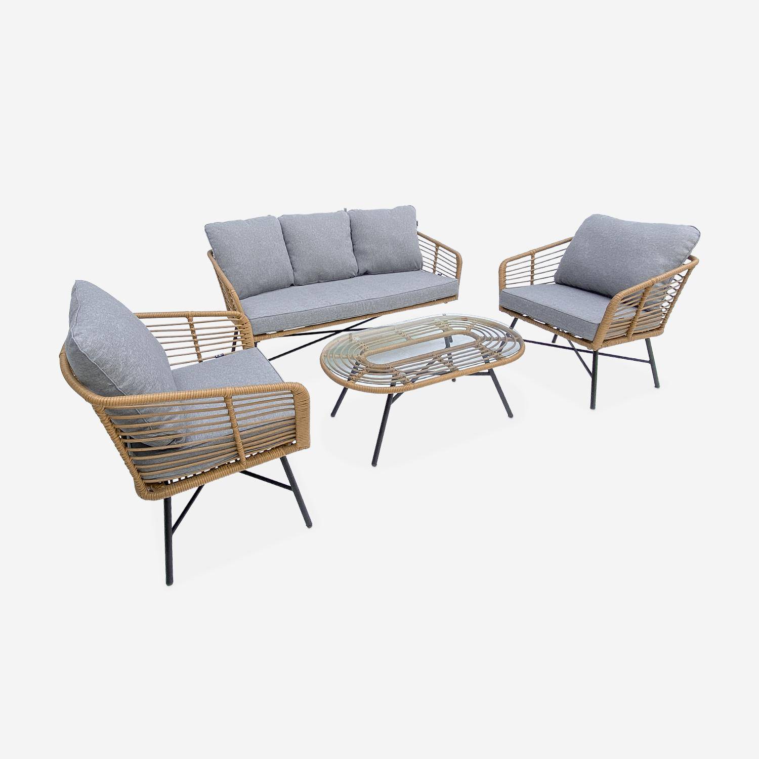 Conjunto de mobiliário de jardim de 5 lugares UBUD - Conjunto de sofá de 3 lugares e 2 poltronas com 2 mesas laterais, resina tecida de efeito rattan, almofadas cinzentas claras Photo2