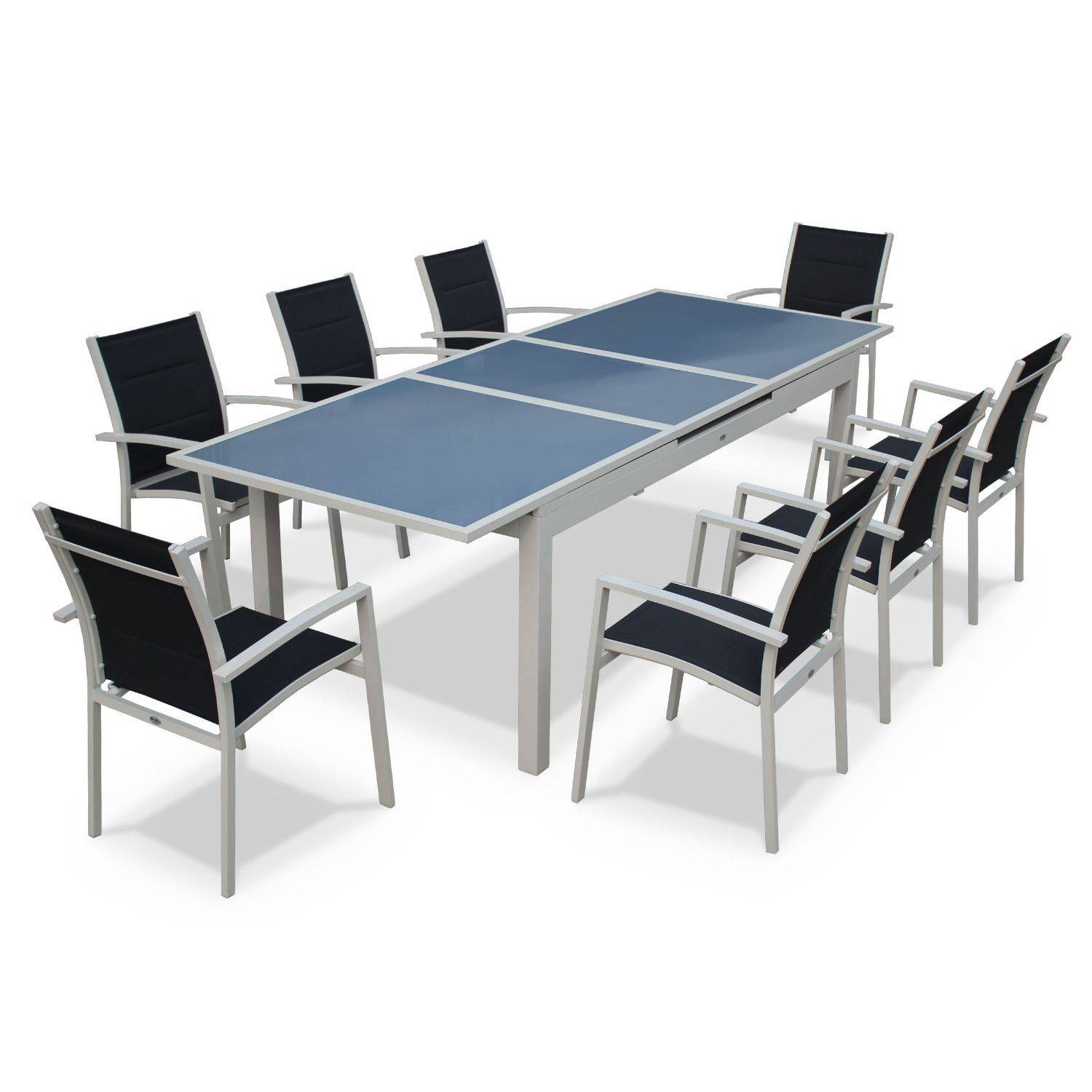 Ensemble Détroit 1 table extensible et 8 fauteuils en aluminium et textilène Photo3