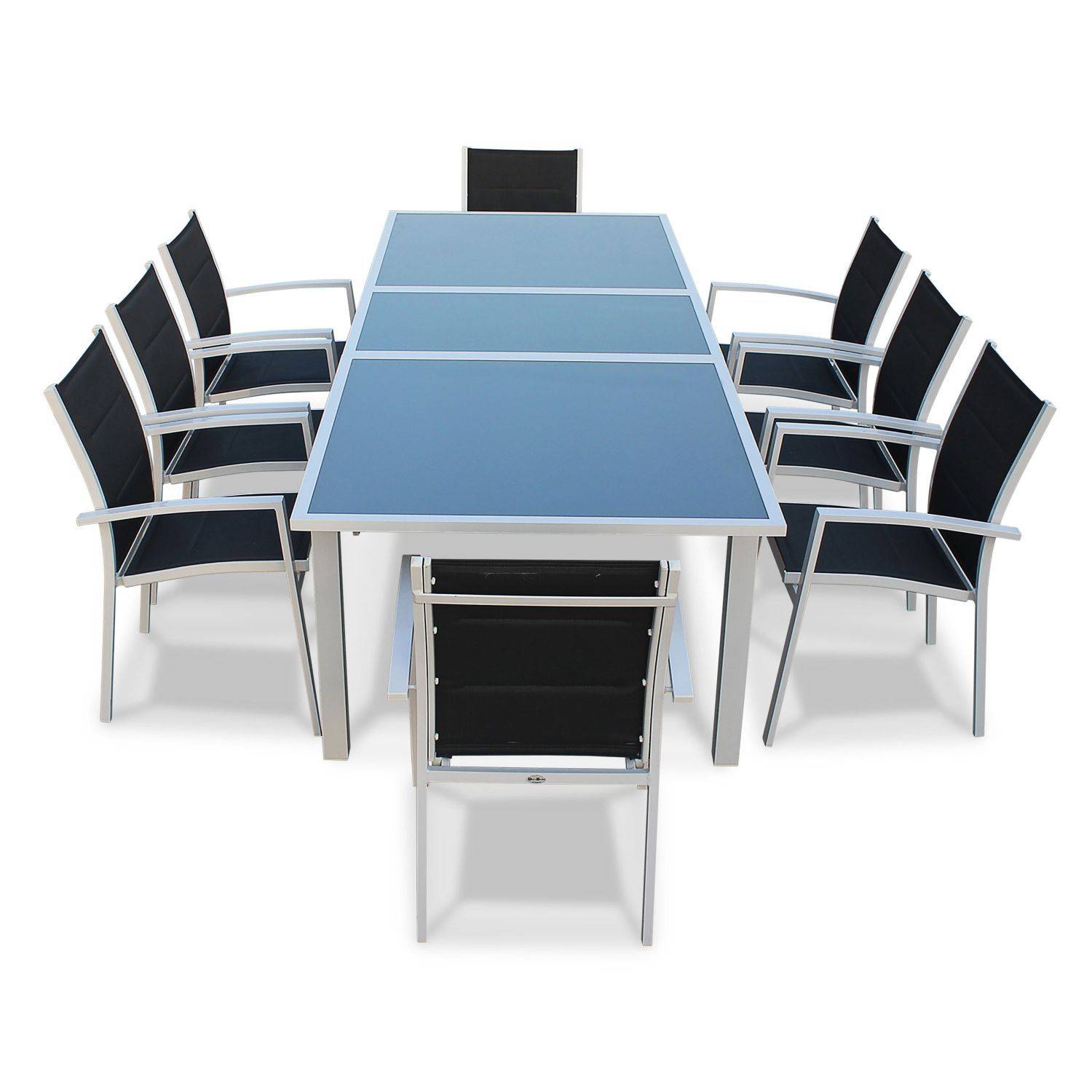 Ensemble Détroit 1 table extensible et 8 fauteuils en aluminium et textilène Photo2