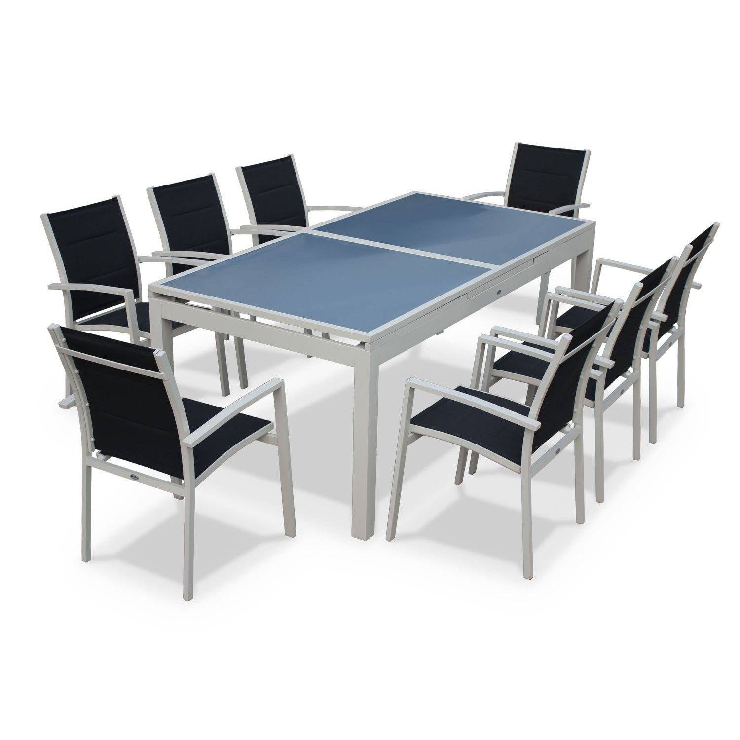 Ensemble Détroit 1 table extensible et 8 fauteuils en aluminium et textilène Photo1