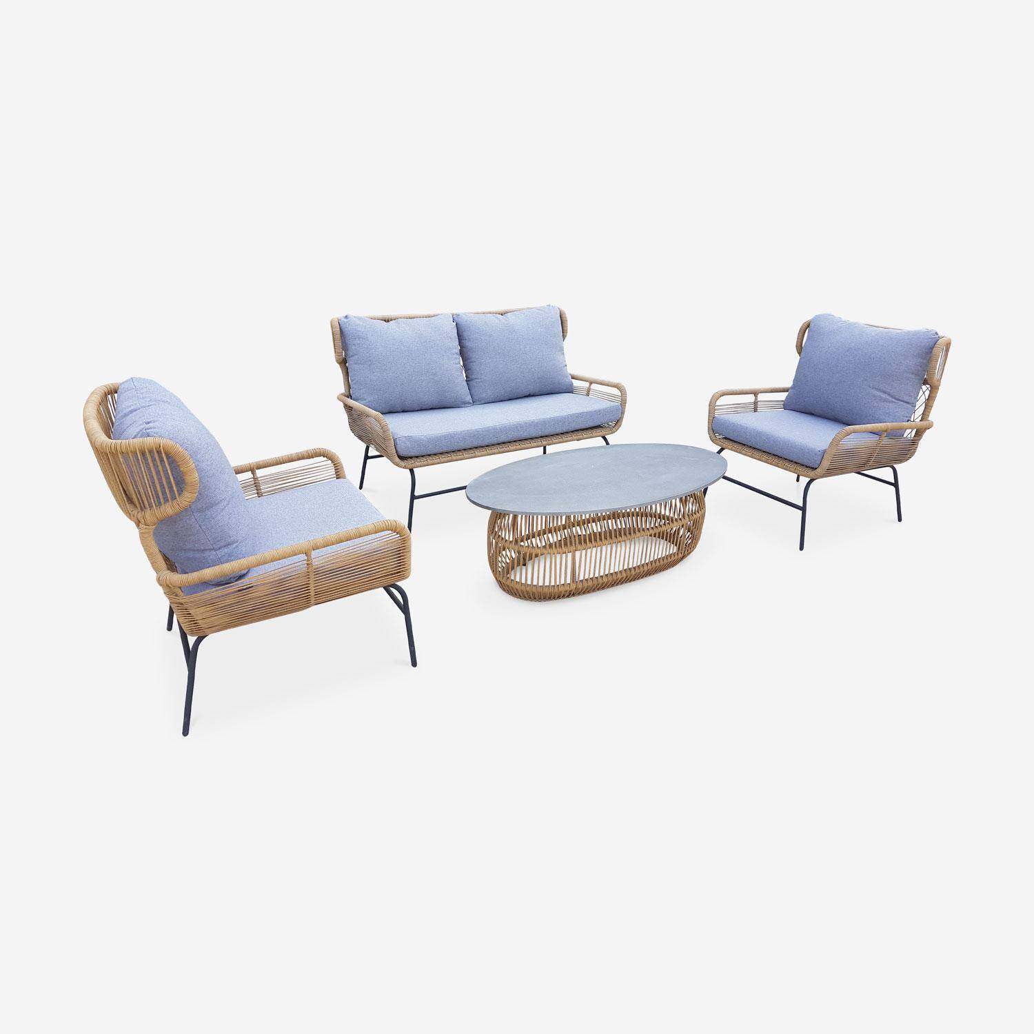 4-zits loungeset BALI - 2-zits bankstel en 2 fauteuils met 1 bijzettafel - Geweven rotan-effect wicker - Lichtgrijs gespikkeld  Photo2
