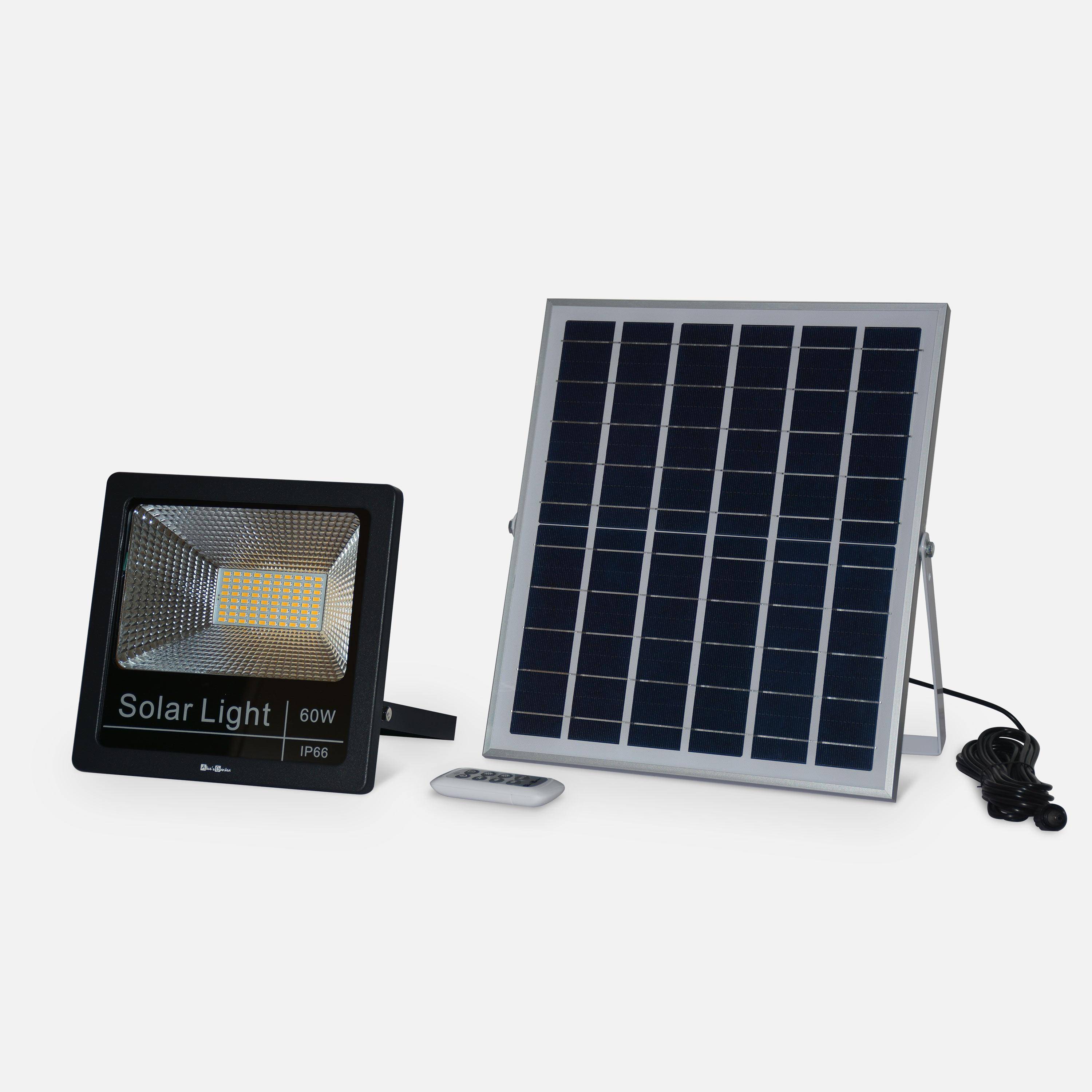 Projecteur solaire LED 40W avec panneau solaire télécommandé blanc chaud, lampe résistante à la pluie et autonome, spot extra puissant 1500 lumens équivalent 125W Photo1