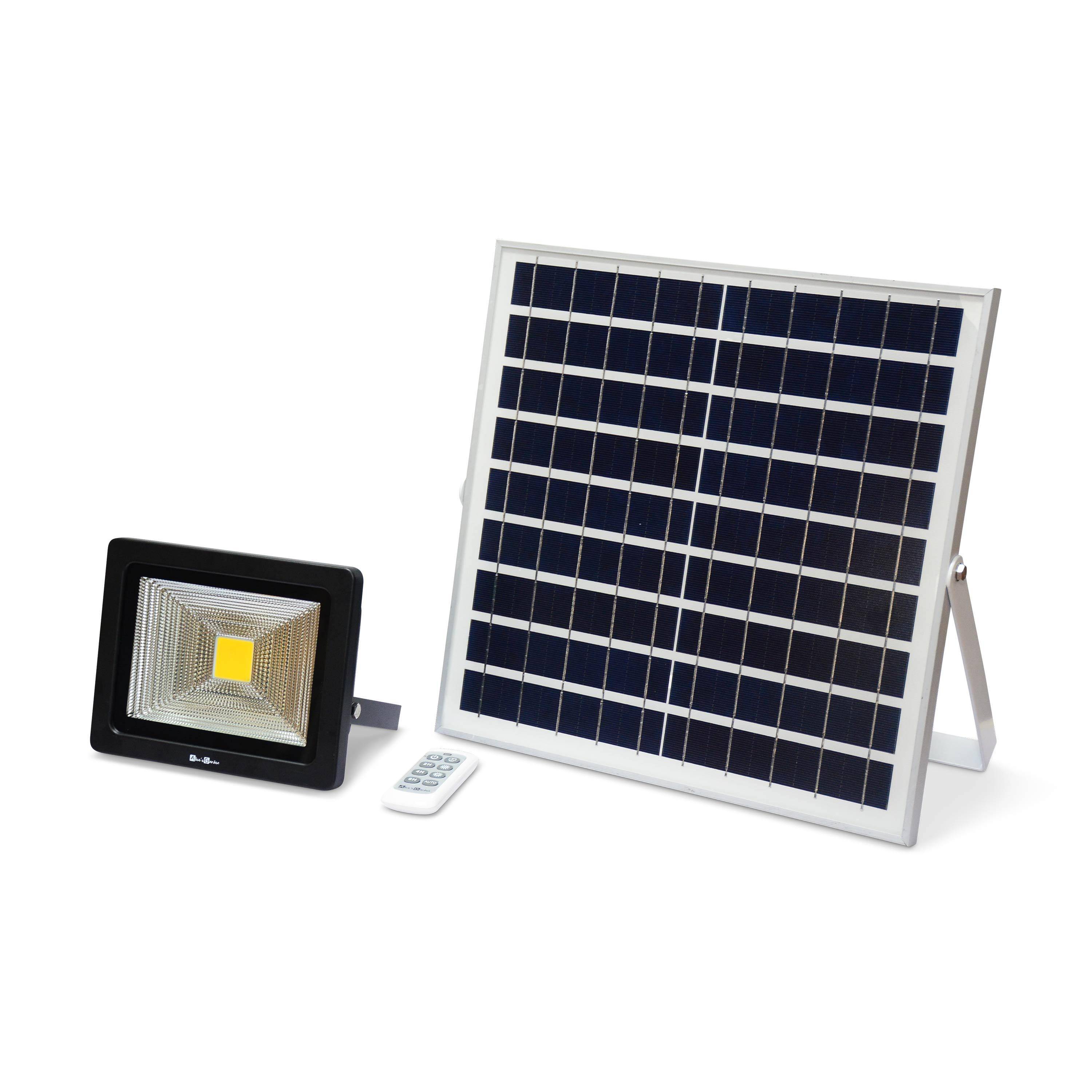 Projecteur solaire LED 20W avec panneau solaire télécommandé blanc chaud, lampe résistante à la pluie et autonome, spot extra puissant 2400 lumens équivalent 150W Photo1