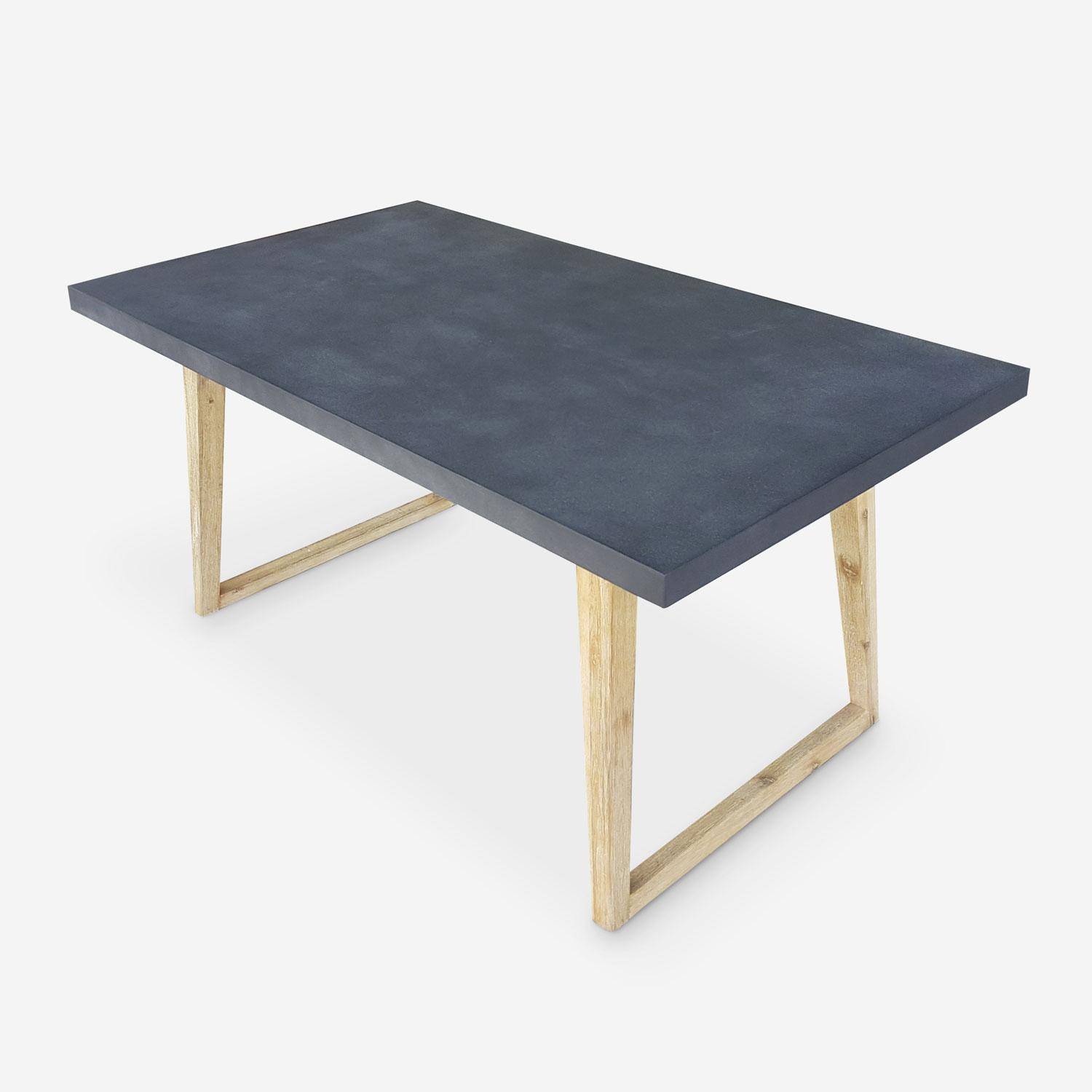 Gartentisch aus Faserzement 160 cm, U-förmiger Holzfuß - BORNEO - 4 Personen, Akazienbeine, graue Platte Photo1